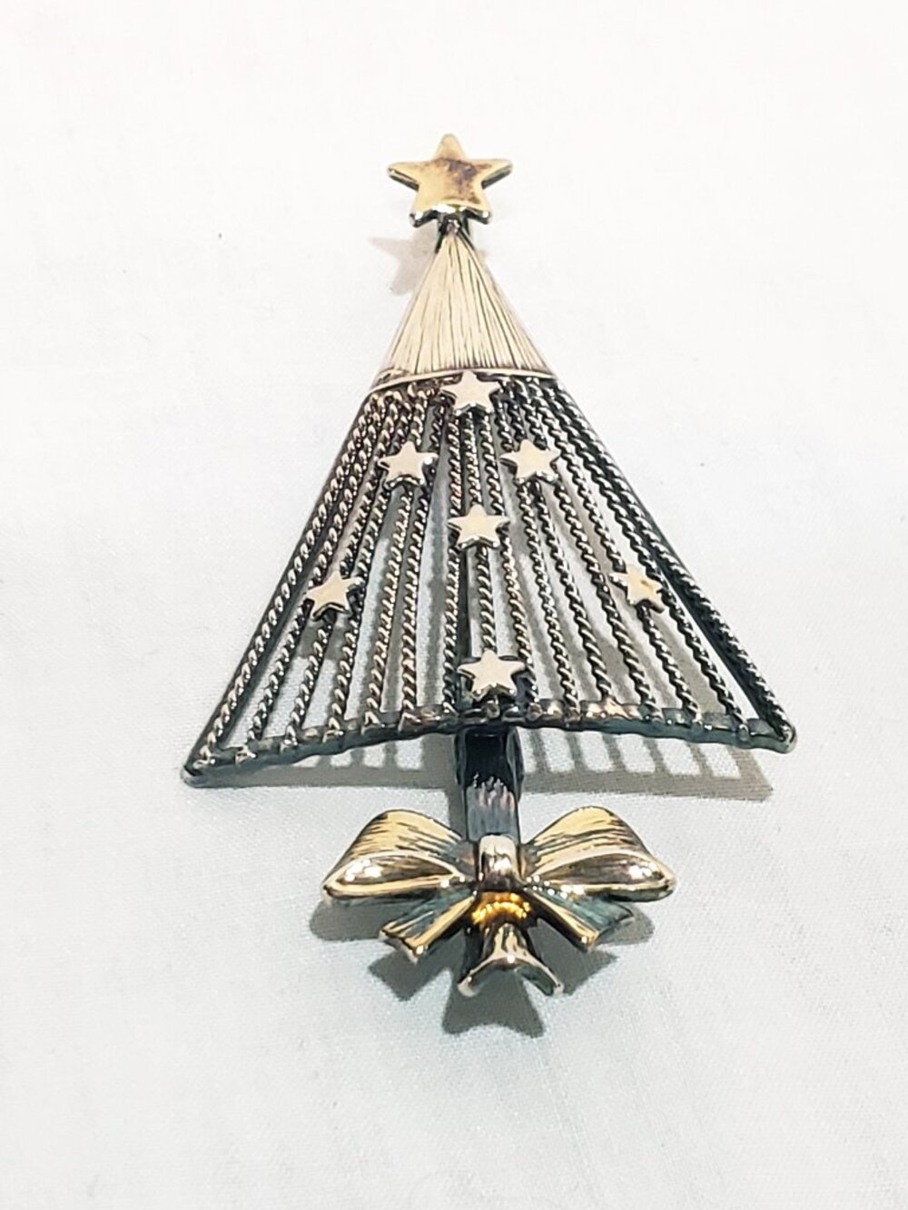 Christmas Tree Bow Stars Brooch Pin 3" Metal